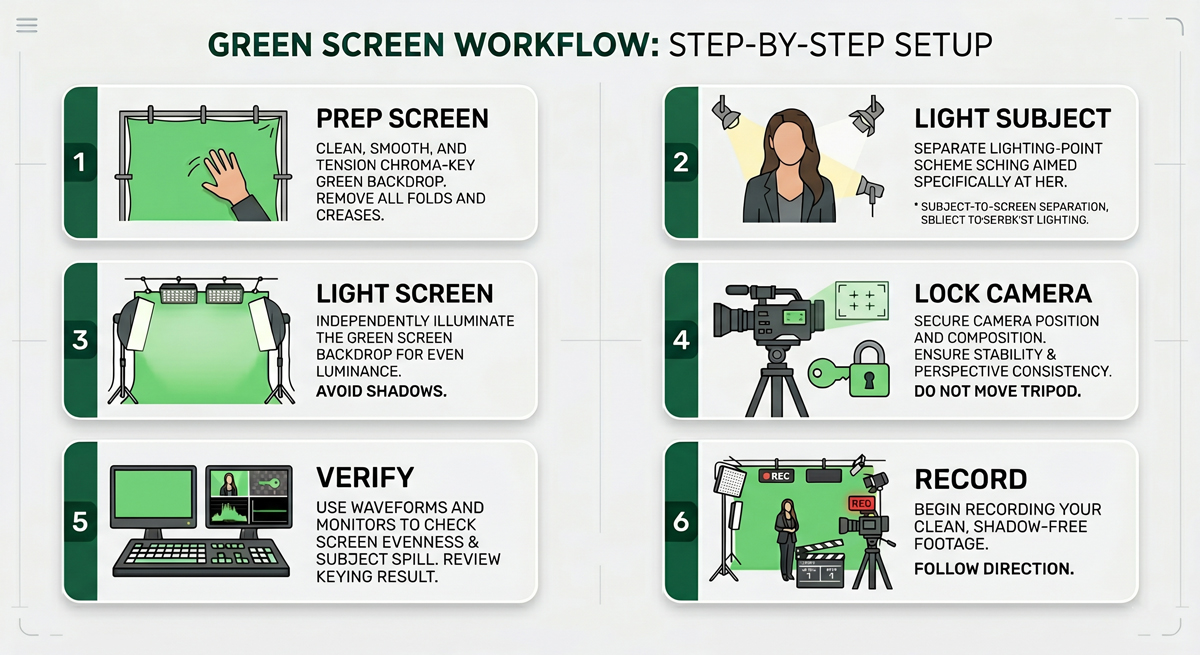 Step-by-step green screen lighting workflow
