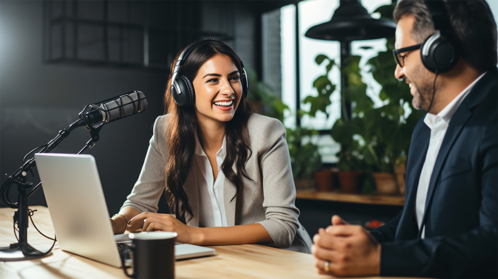 • Podcast recording setup with microphone and headphones in a home studio